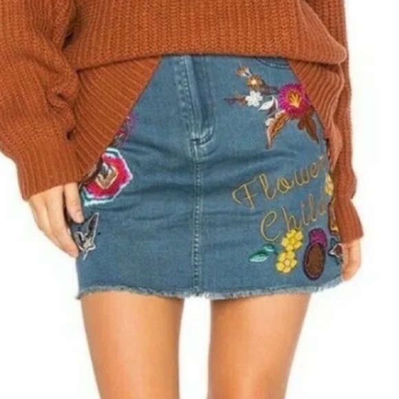 RARE Vintage Spell “Flower Child” Embroidered Denim Patchwork Skirt, Size Small - Picture 3 of 7